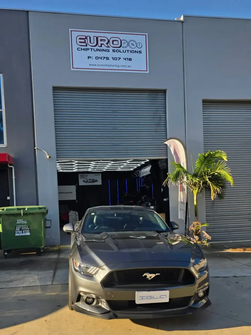 Ford Mustang GT outside the Euro Chiptuning Solutions Tullamarine workshop at night